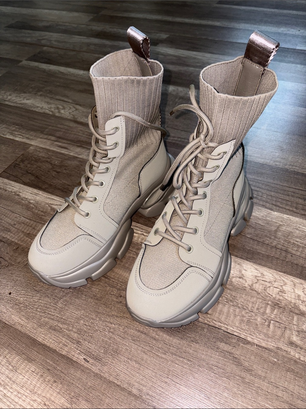 RUDSAK Neutral Sock-Lace Chunky Boots in Light Beige